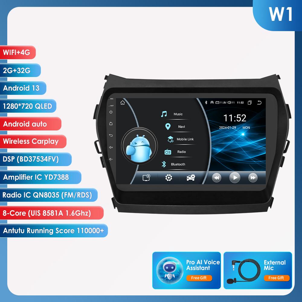 Ossuret Carplay 4G LTE 2 Din Android 12 Car Radio Multimedia Video Player for Hyundai Santa Fe 3 2013-2017 IX45 Navigation intelligent RDS GPS Stereo