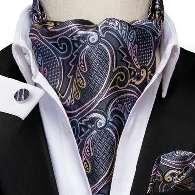 Men Business Tie Silk Ascot Scarves Grey Paisley Tie Set for Men Handkerchief Cufflink Set