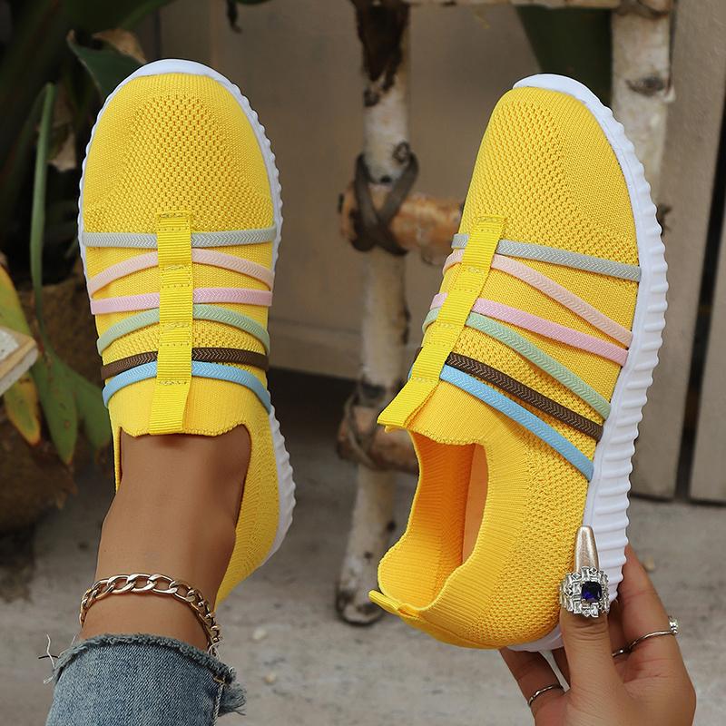 Fashion Color Band Breathable Mesh Flats Women 2025 Plus Size 36-43 Soft Sole Casual Sneakers Woman Slip On Thick Sole Walking Shoes