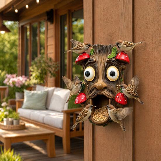 Tree Face Bird Feeder, Funny Tree Face Garden Sculpture, Outdoor Decorative Bird Feeder for Trees Fences Posts Walls