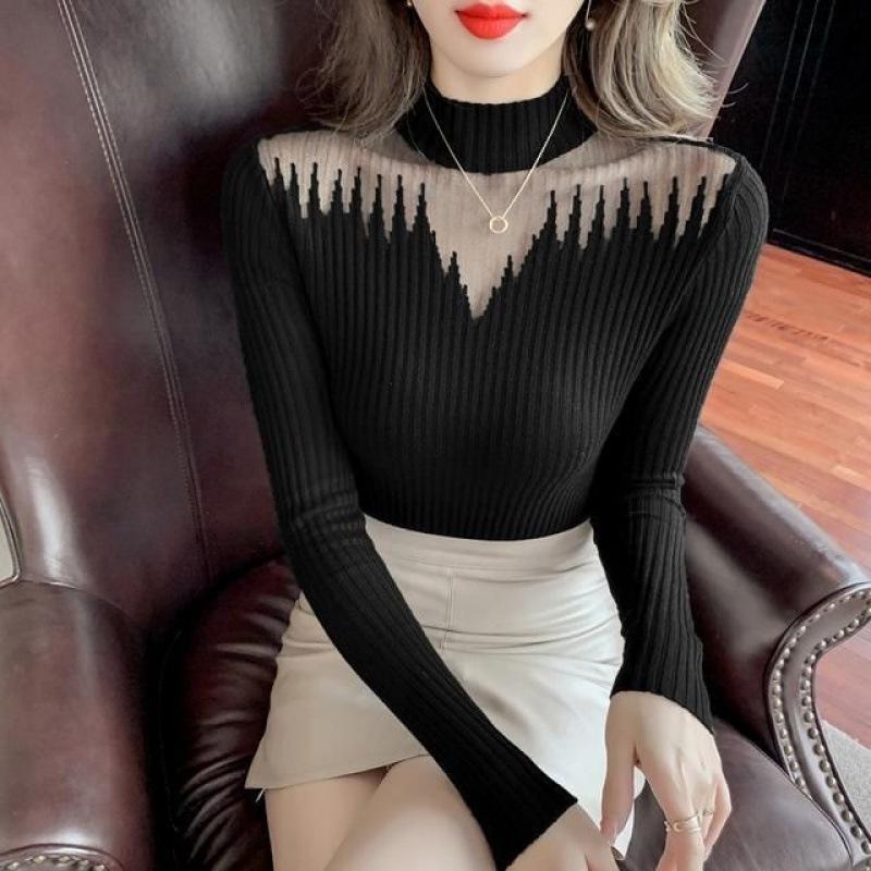 Plus Size Mesh Patch Lace Semi High Neck Knit Top Women Layer Sweater Autumn Winter Long Sleeve Base Layer