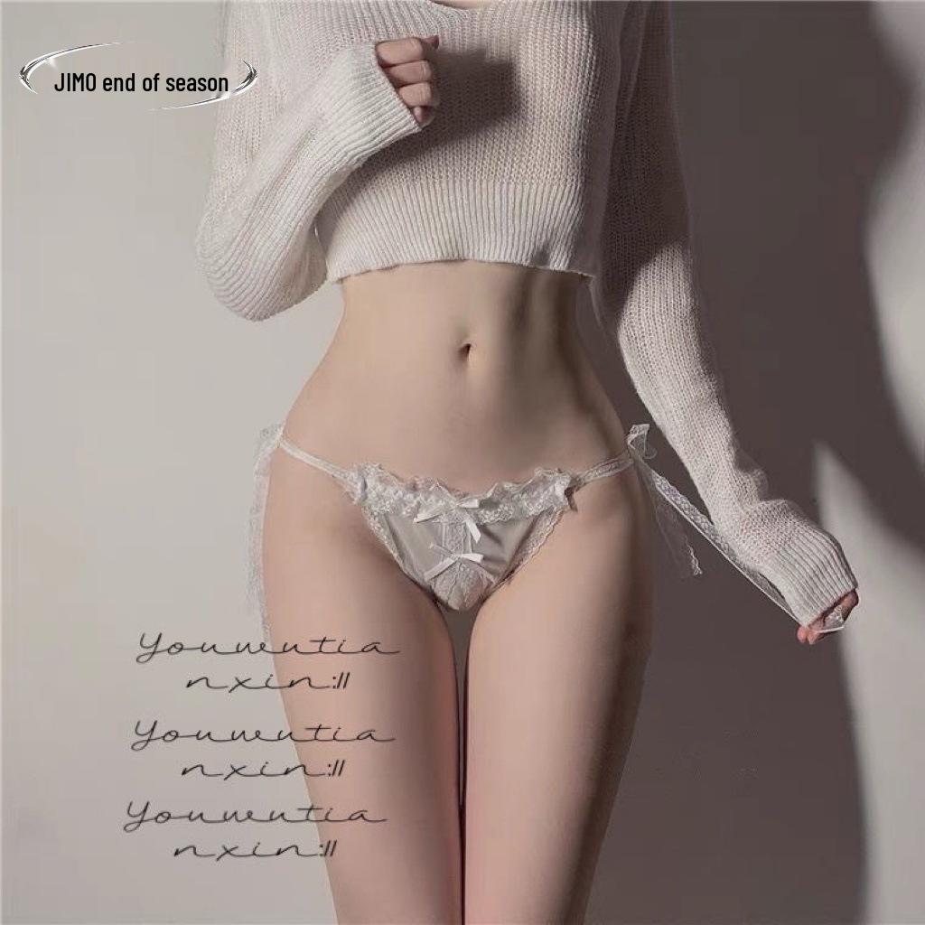 Lace-Up Transparent Bow Thong Lingerie with Open Crotch