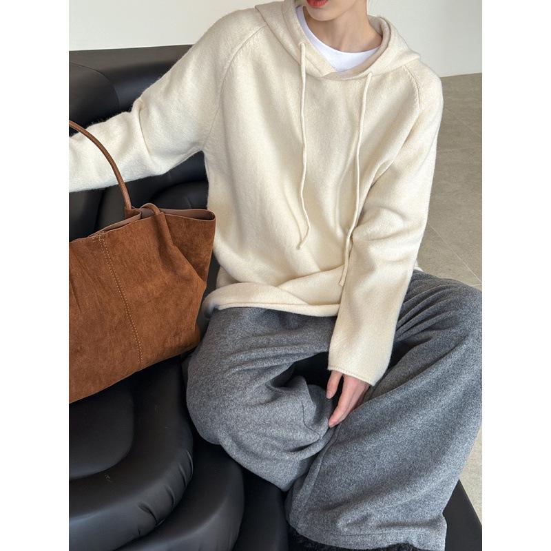 

Orange Zhi Velvet Hoodie Knitted Pullover: Long Sleeve, Loose Fit, Solid Color, Warm Casual Sweater for Early Autumn One Size
