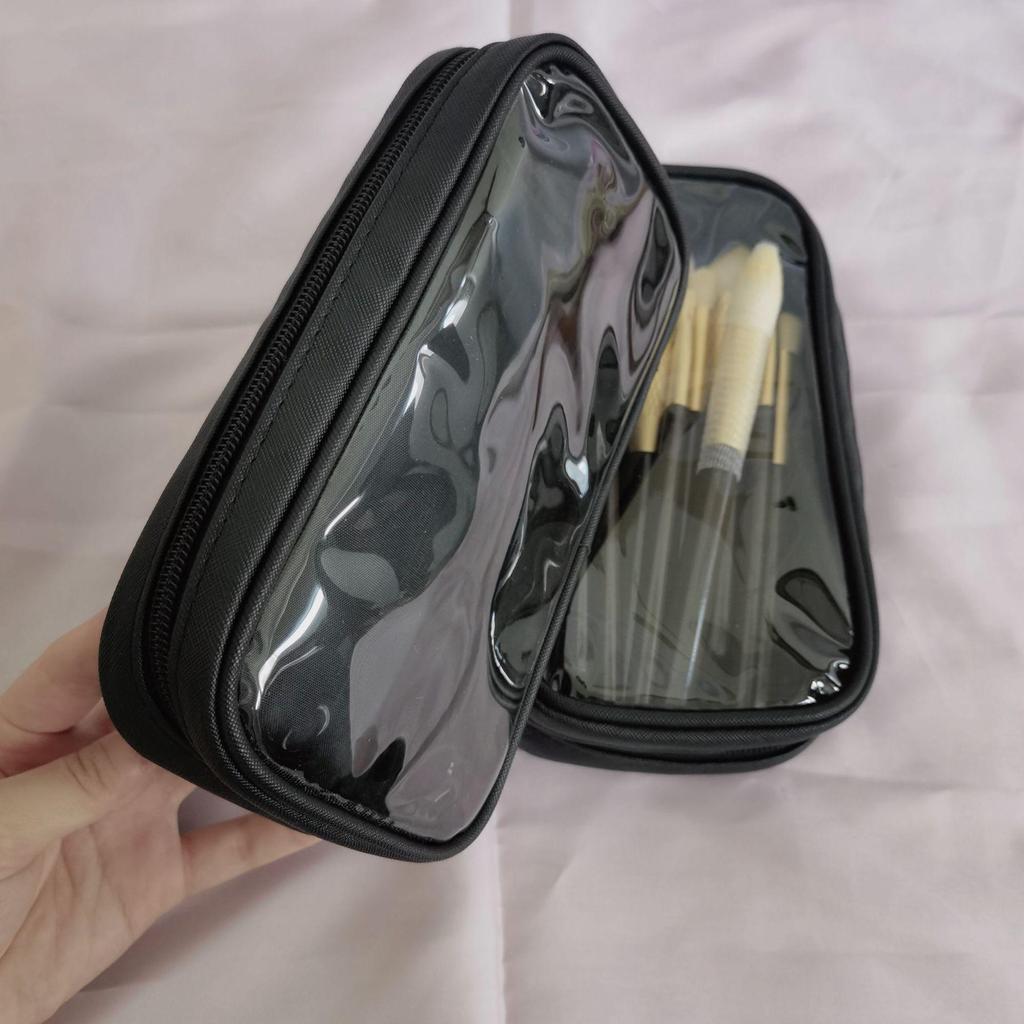 Black Waterproof Double Zipper Makeup Brush Storage Bag - Portable Multifunctional Organizer