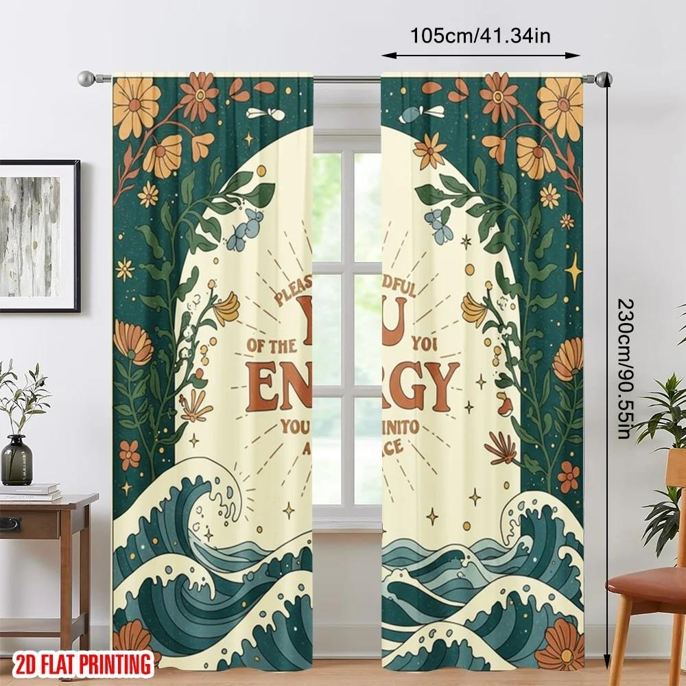 Set aus 2 Vorhängen mit Blumendruck, Verdunkelnd, Polyester, Fensterdekoration, Wohnzimmer, Schlafzimmer, Verdunkelung, Mit Stangentasche