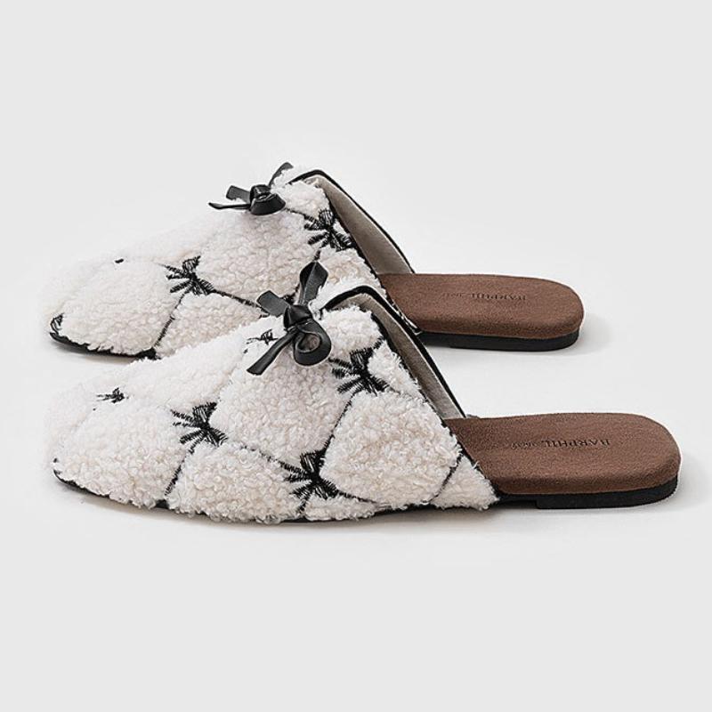 Fashion Sweet Bow Decorative Home Slippers Women Fashion Plaid Fluffy Design Cotton Slippers Comfortable Non-slip Flat Modern Slippers