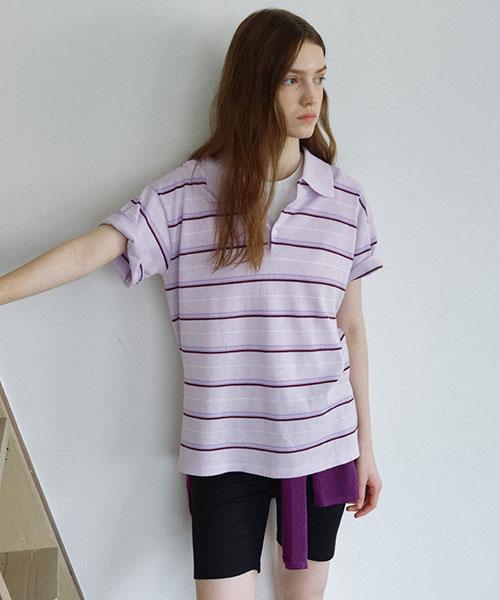 Onaenon Striped Collared Short Sleeve Knit Nek6Mp416