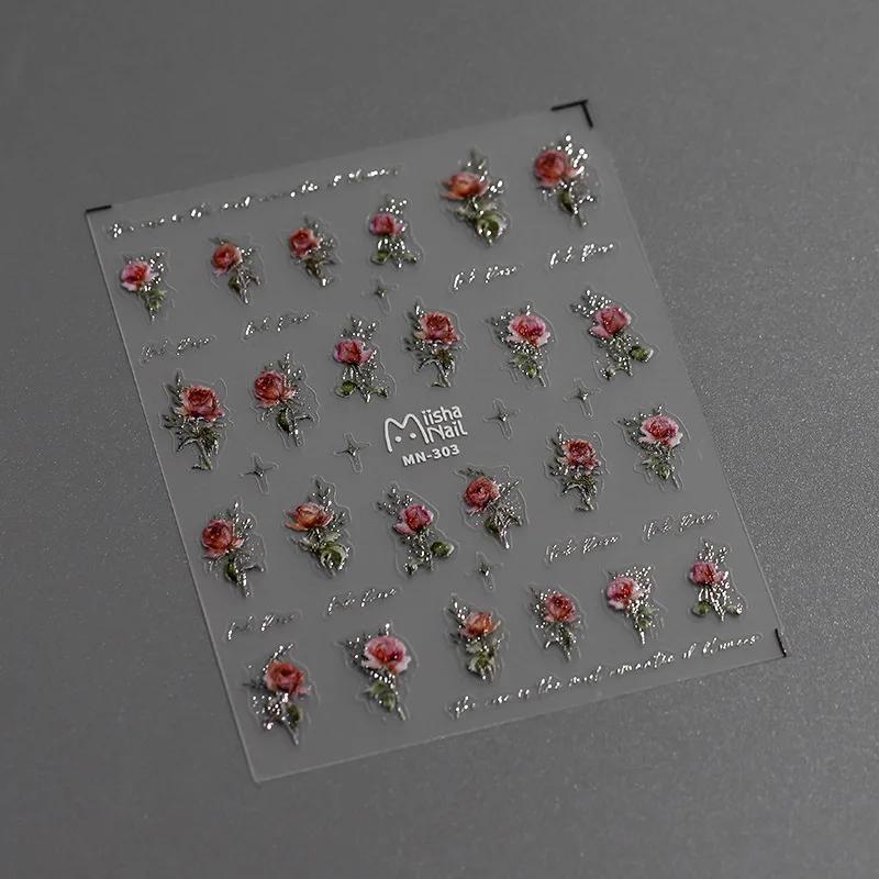 Gold Silver Pink Red Rose Flowers 3D Self Adhesive Nail Art Decorations Stickers High Quality Fashion Manicure Decals