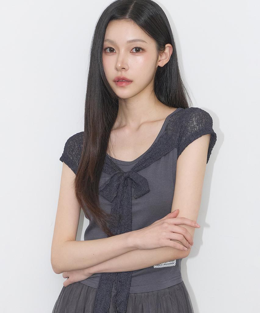 ILLIGO Lace Ribbon Contrast T-Shirt Charcoal