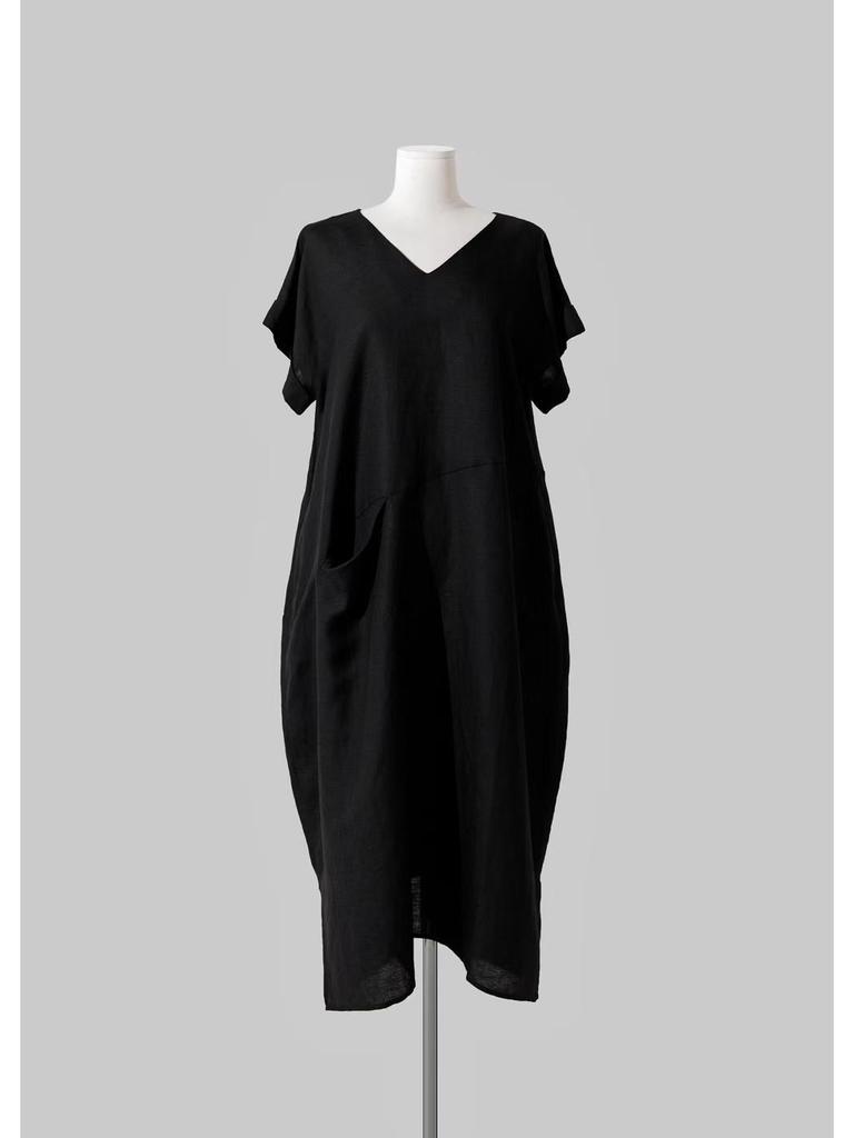 Japanese Retro Linen V-neck Dress with Big Pockets (2025 Collection)