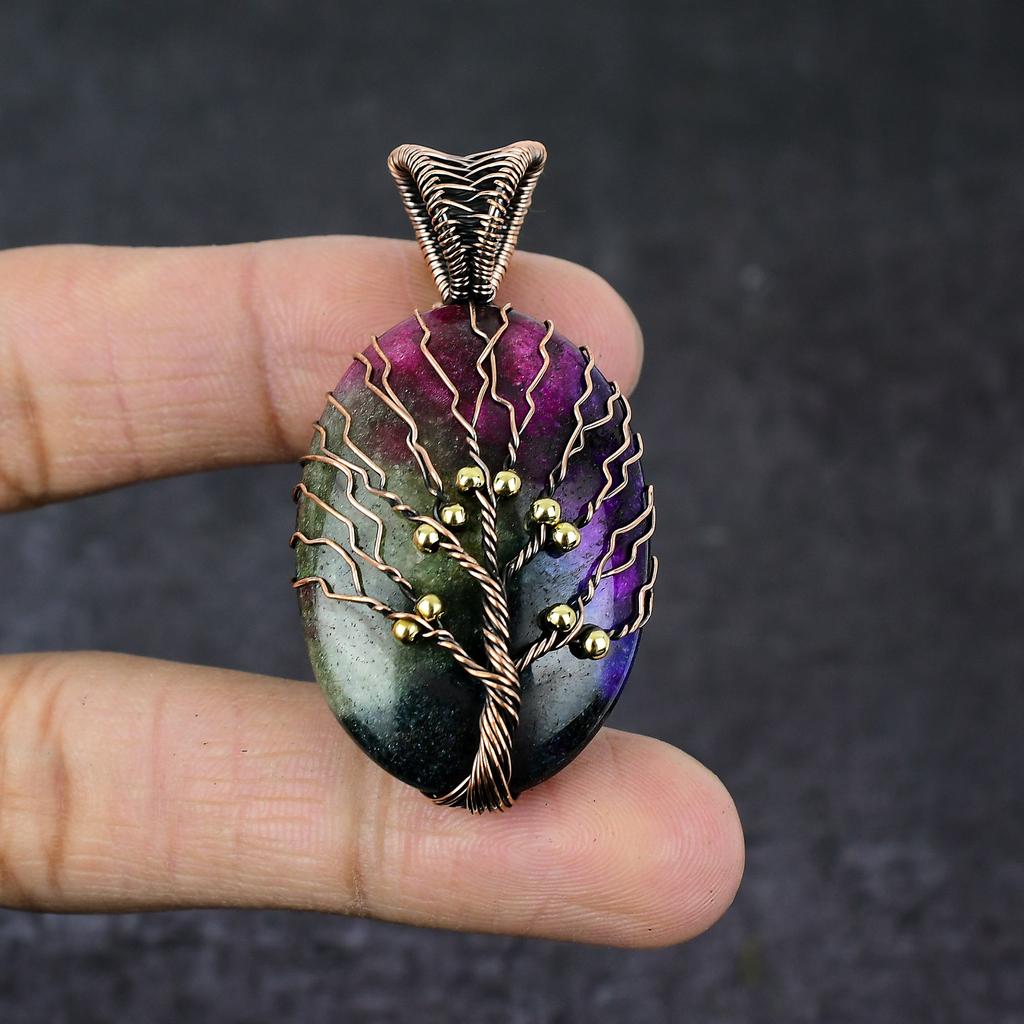 Natural Rainbow Solar Quartz Copper Wire Wrap Tree Of Life Pendant 2.17" K3K93