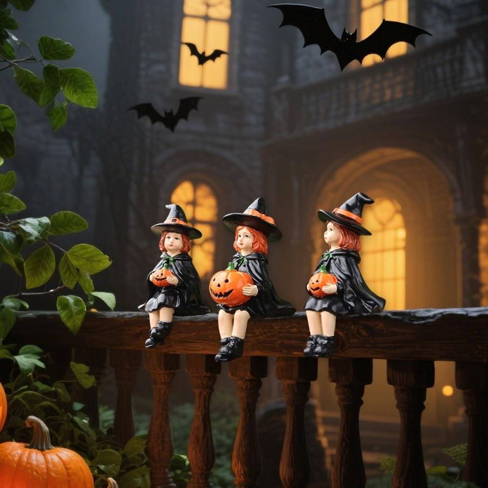 3pcs Handmade Witch Holding Pumpkin Statue Cute Witch Ornament Halloween Statue  Bookshelf