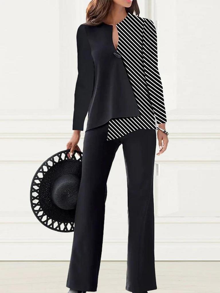 Spring Autumn Fashion Elegant Commute Color Block Long Sleeve Pants Women's Set