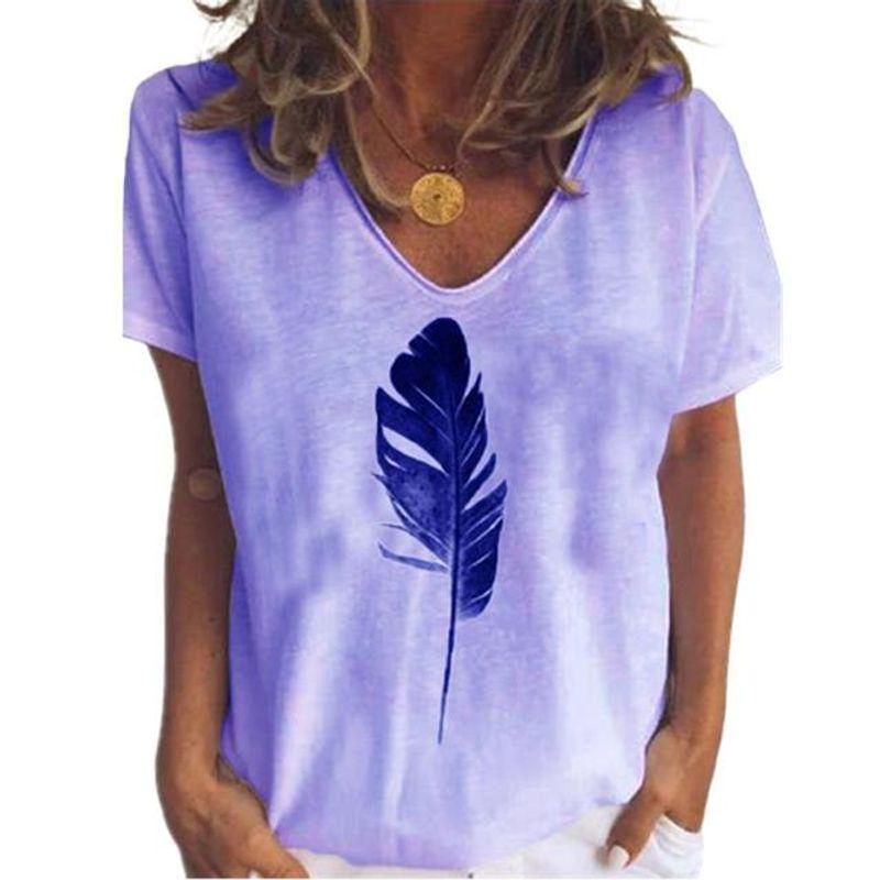 

Leaf Print V-neck Short-Sleeve T-shirt Leaves Printed V-neck T-shirt xt55689866 purple 3XL