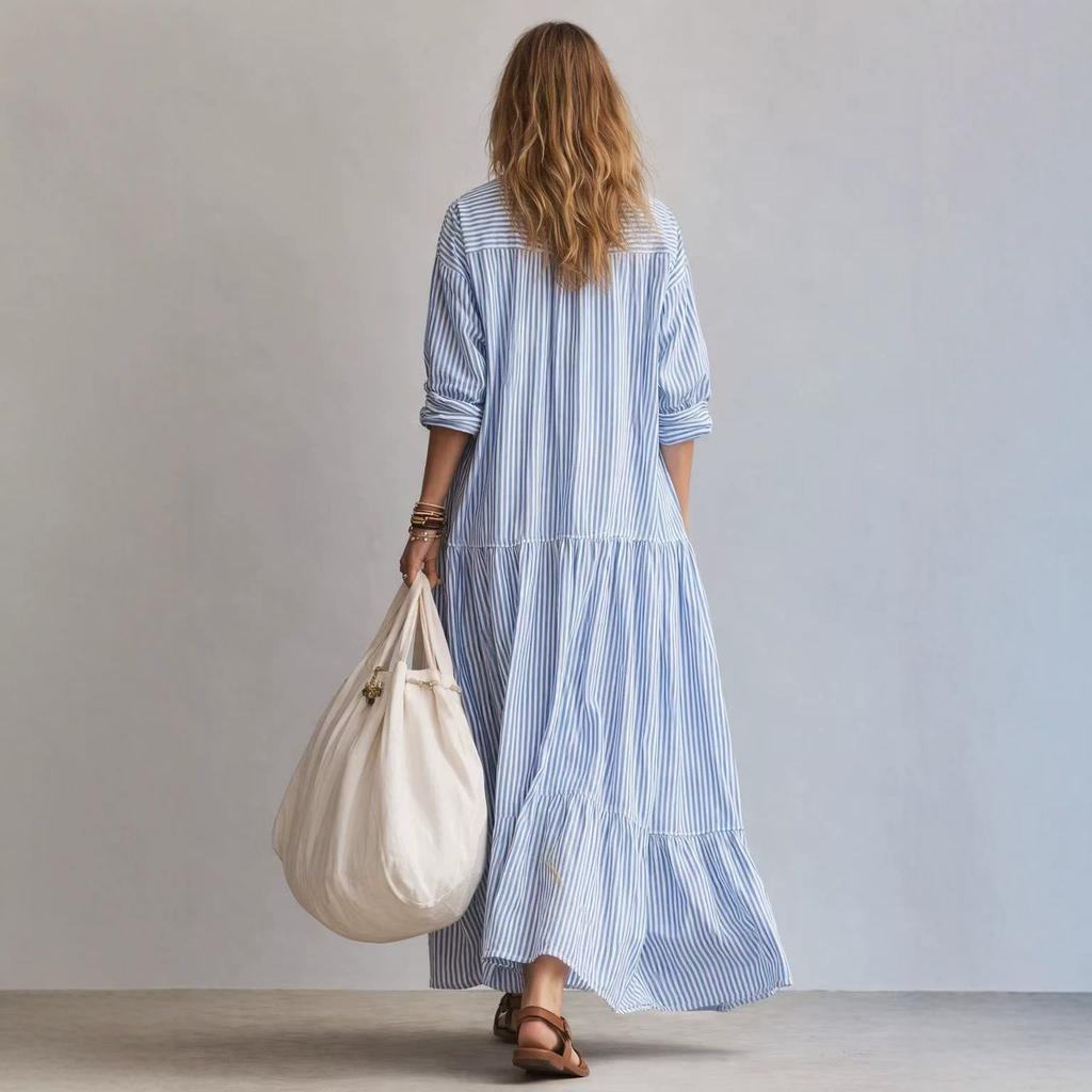 2026 European and American Vertical Striped Lapel Shirt-style Dress, Loose Shoulder Long-sleeved Lotus Leaf Pendulum Super Long Shirt Skirt