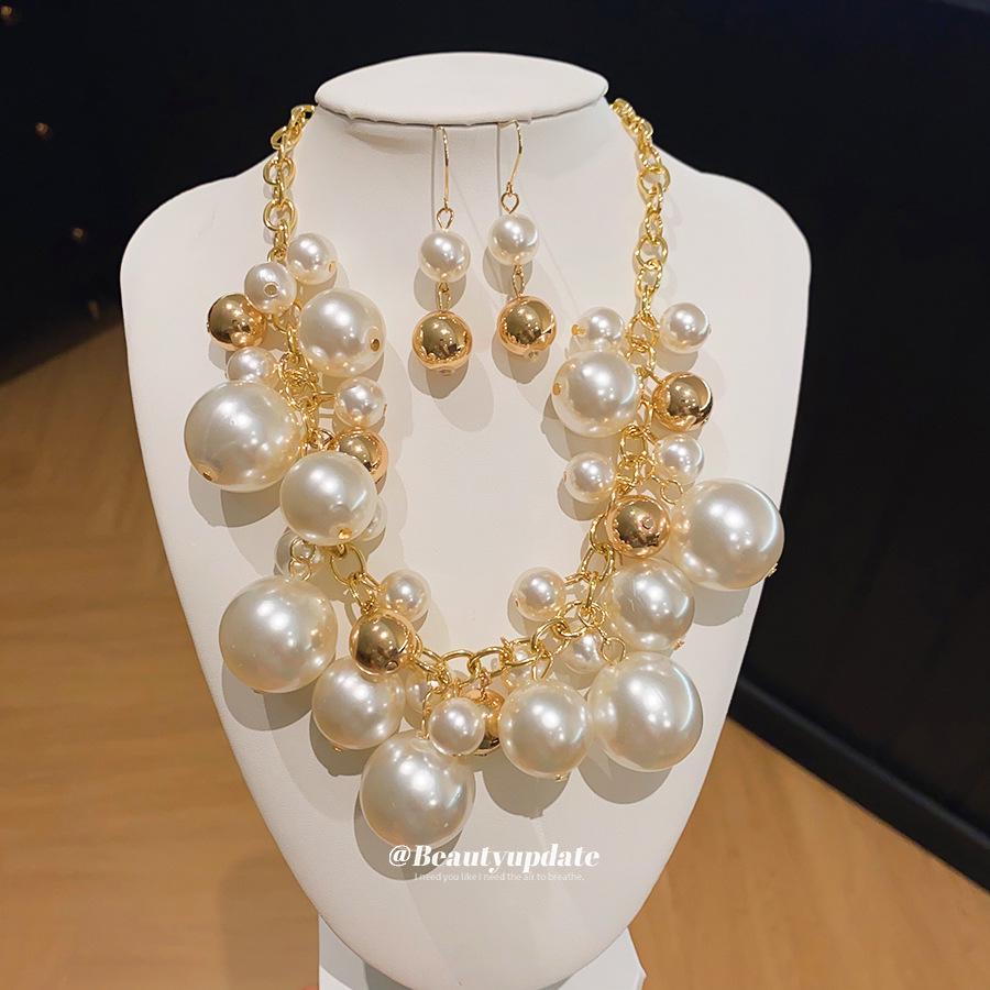 French Retro Pearl Beaded Earrings & Necklace Set: Personalized High-End Clavicle Chain for Women