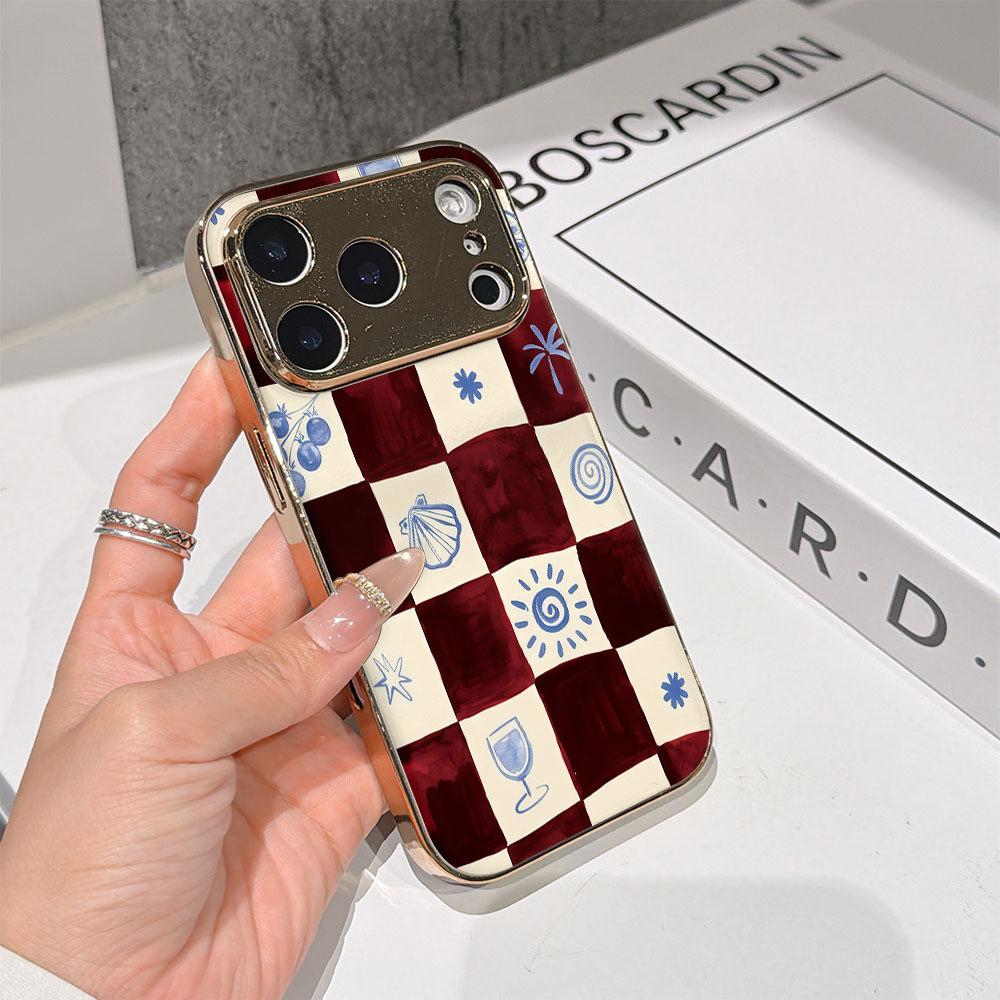 Lucky Start Phone Case For iPhone 17 16 15 14 13 12 11 Pro Max 16E Gold Electroplated Glass Shell Burgundy & Blue Check Cover