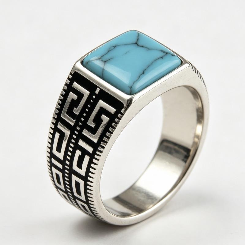 2026 New Men's Ring, Simple and Fashionable Square Diamond Blue Turquoise Men's Ring Striped Personalized Ring Tide