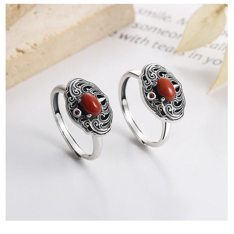 Adjustable Open Ring Men Women Vintage Bohemian Style With Filigree Cutout Design Red Agate Inlay Copper Base Retro