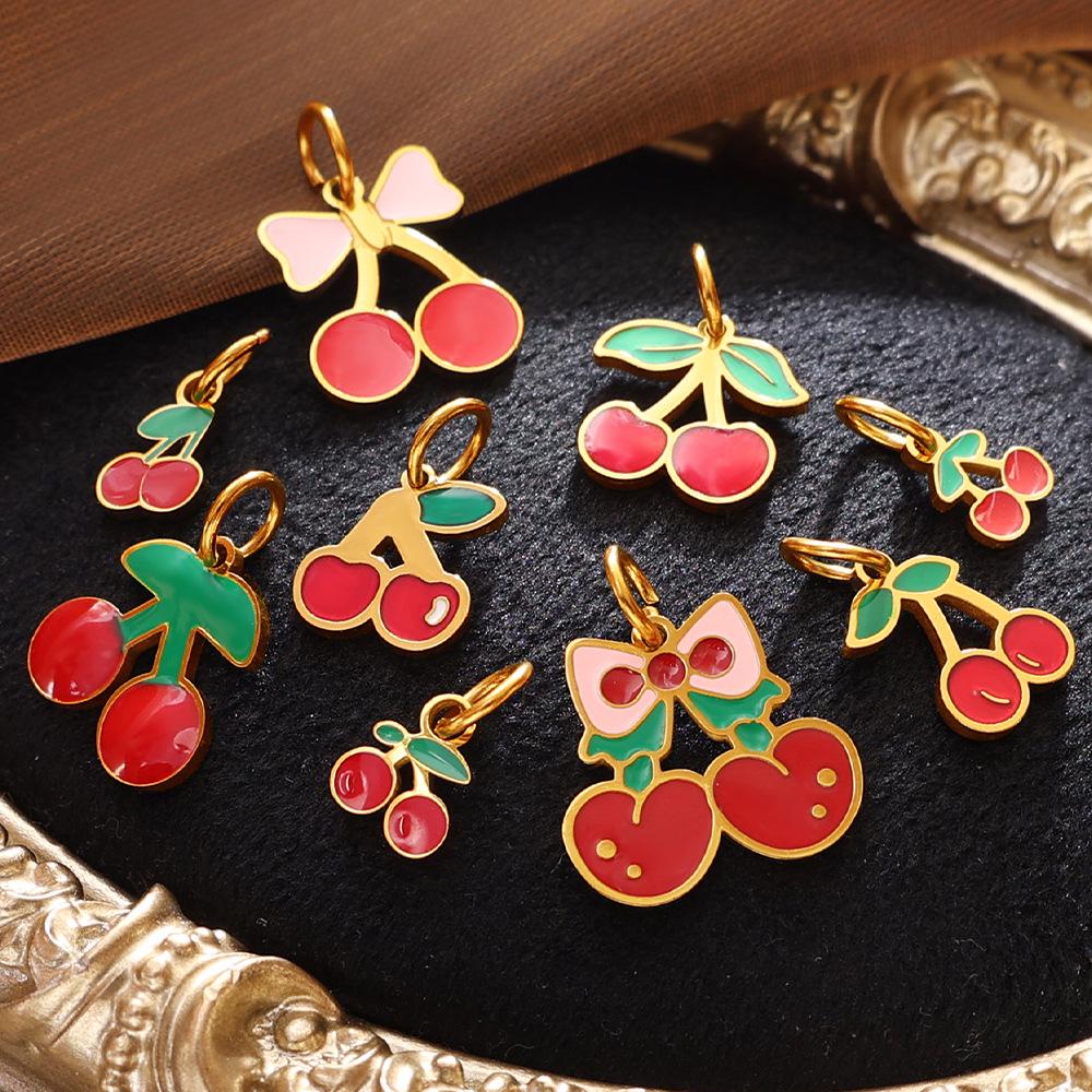 New Sweet Red Cherry Enamel Stainless Steel DIY Fruit Bracelet Necklace Pendant