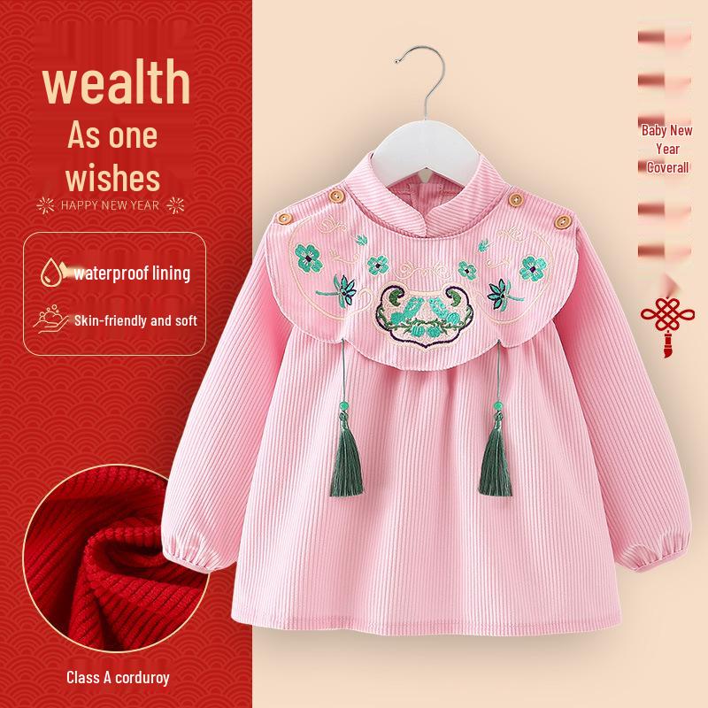 Children's Chinese-Style Corduroy Coverall: Waterproof, Dirt-Proof, Reversible Tang Suit Apron for Boys & Girls, Ideal for Autumn and Winter.
