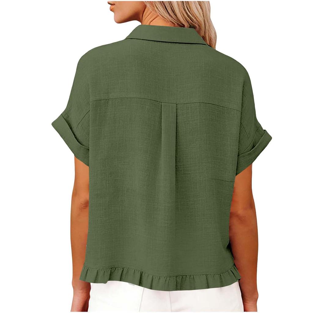 Women's Fashionable Loose-Fit Casual Shirt Button-Up Short-Sleeve Cotton-Linen Blend Top