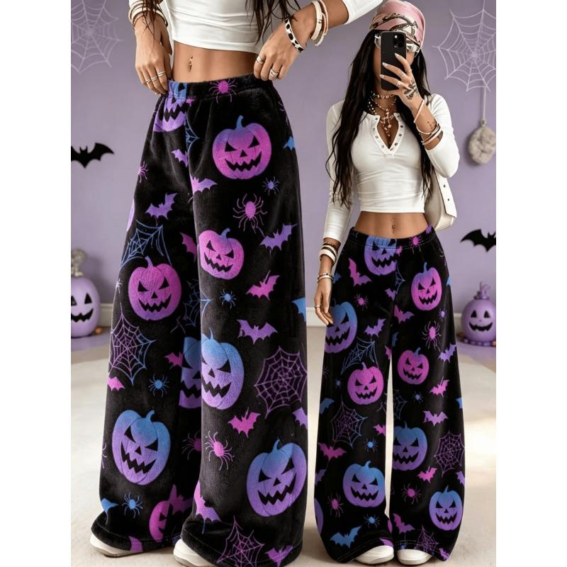 Pajama pants, purple and blue gradient, pumpkin head bat spider cobweb print, velvet warm