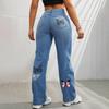 Butterfly Printed Torn Hole Cut Fashion Denim Straight High Waist Clashing Colour Denim Trousers Women's Long Pants