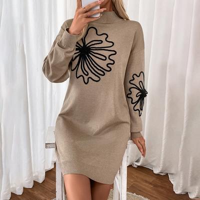 Ležérne Módne a Elegantné Jesenné a Zimné Dámske Kvetinové Kvetinové Svetrové Šaty so Stredným Golierom