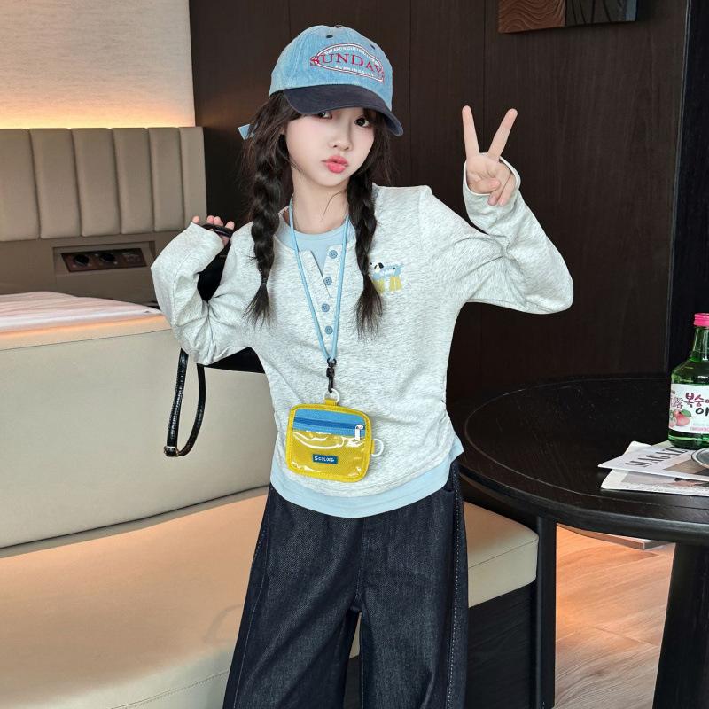 Girls Spring Long Sleeve T Shirt Fake Two Piece Top For Big Kids Students Round Neck Casual Blouse