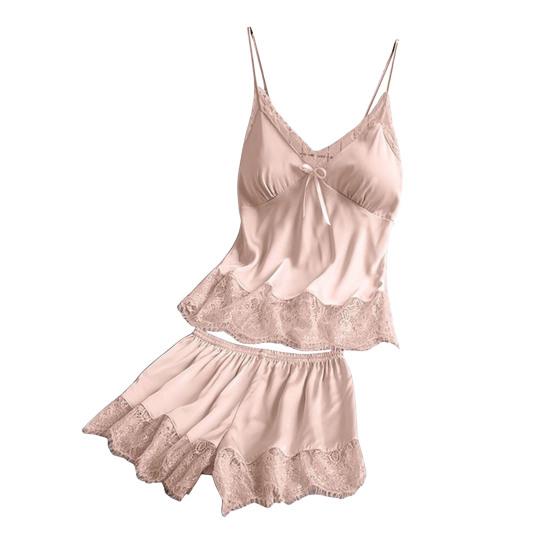 Women's Satin Pajamas Set Lace Cami Top And Shorts Two Piece Sleepwear with Built-in Bra Sexy Camisole Lounge Set