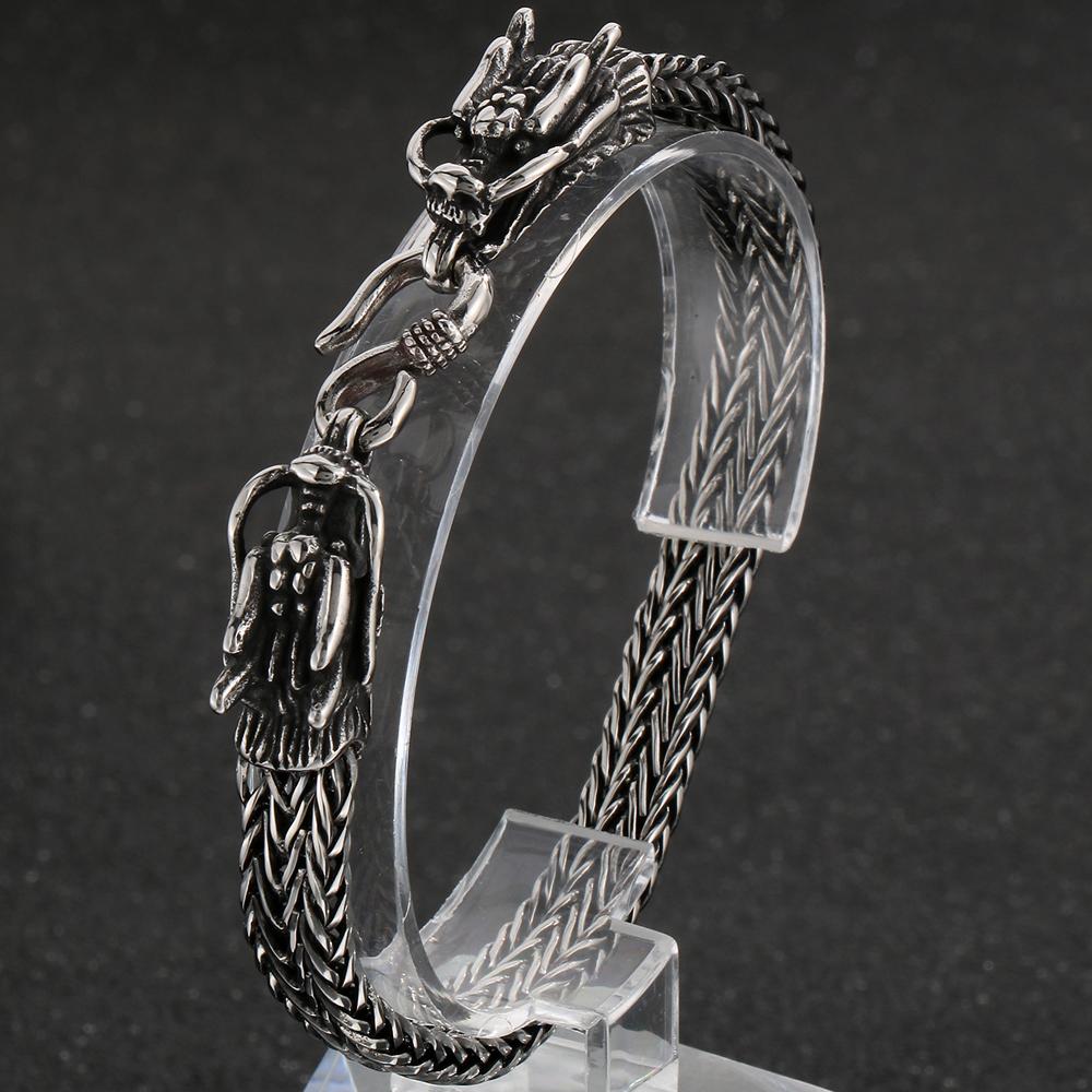 

Браслет-цепочка с двумя головами дракона и квадратным килем Franco для мужчин, цельные мужские браслеты из нержавеющей стали 316L, панк-ювелирные изделия 21CM серебряный