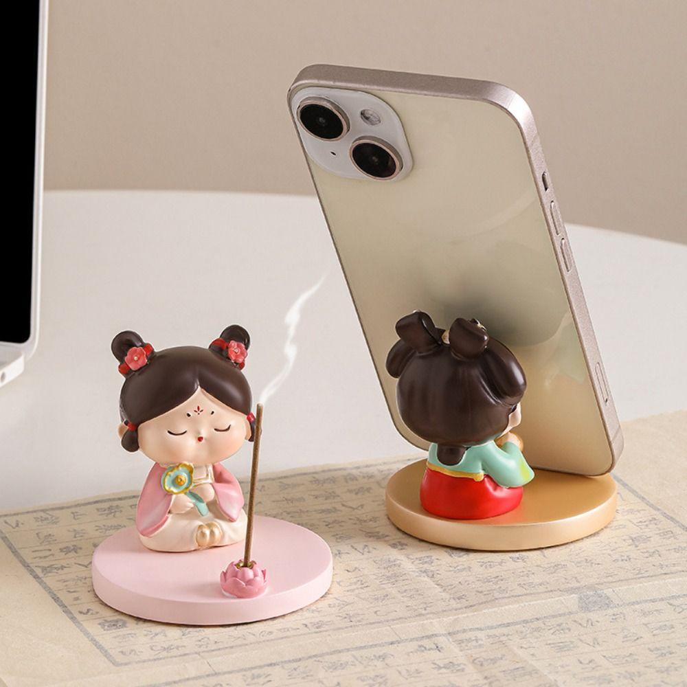 Resin Chinese Style Mobile Phone Holder Aesthetic Cartoon Girl Desk Lazy Bracket Desk Tablet Phone