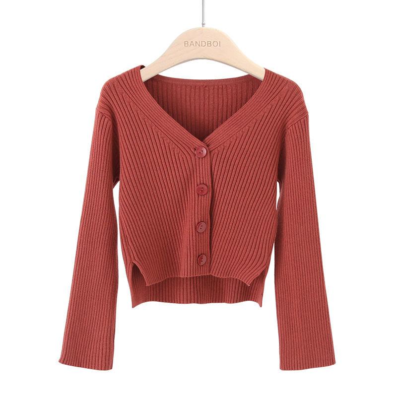 V-neck New Knitted Cardigan Casual Women's Sweater Early Autumn Korean Version Loose Slim Fit Long Sleeved Jacket Short Solid Color Elegant Clothing