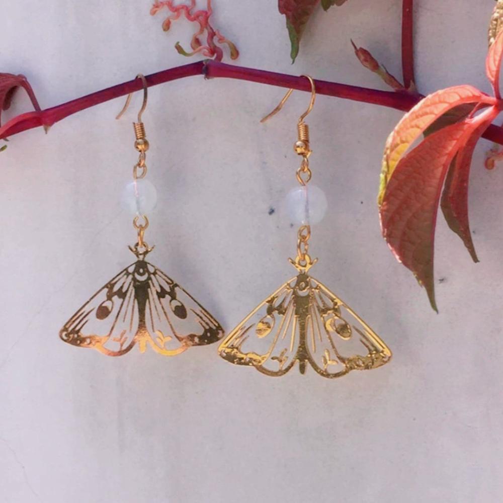 Bohemia Charm Gold Color Hollow-out Moth Transparent Crystal Bead Dangle Earrings for Women Butterfly Fairy Earring Jewelry Gift