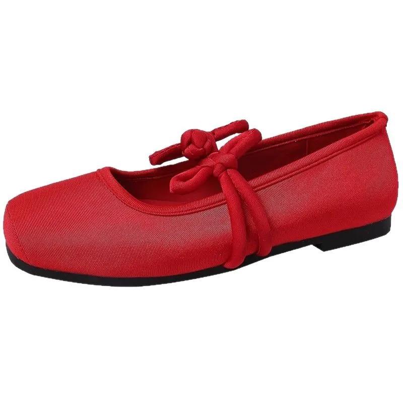 Fashion Ethnic Style Women Red Satin Mary Jane Shoes Fashion Shallow Square Toe Shoes Spring Autumn Soft Sole Ballet Shoes 2025