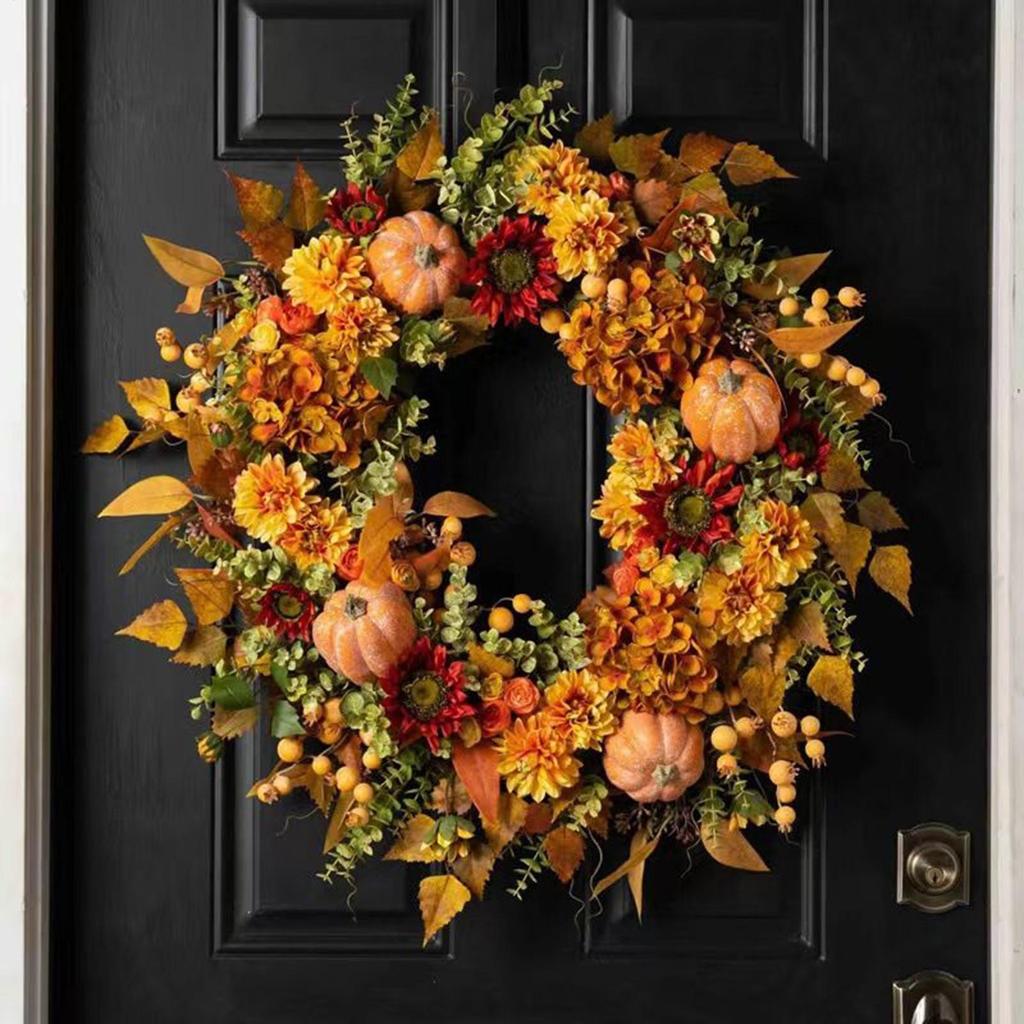 Artificial Autumn Flower Wreath With Pumpkins, Sunflowers, Maple,for Front Door, Home Thanksgiving, Halloween Harvest Decor