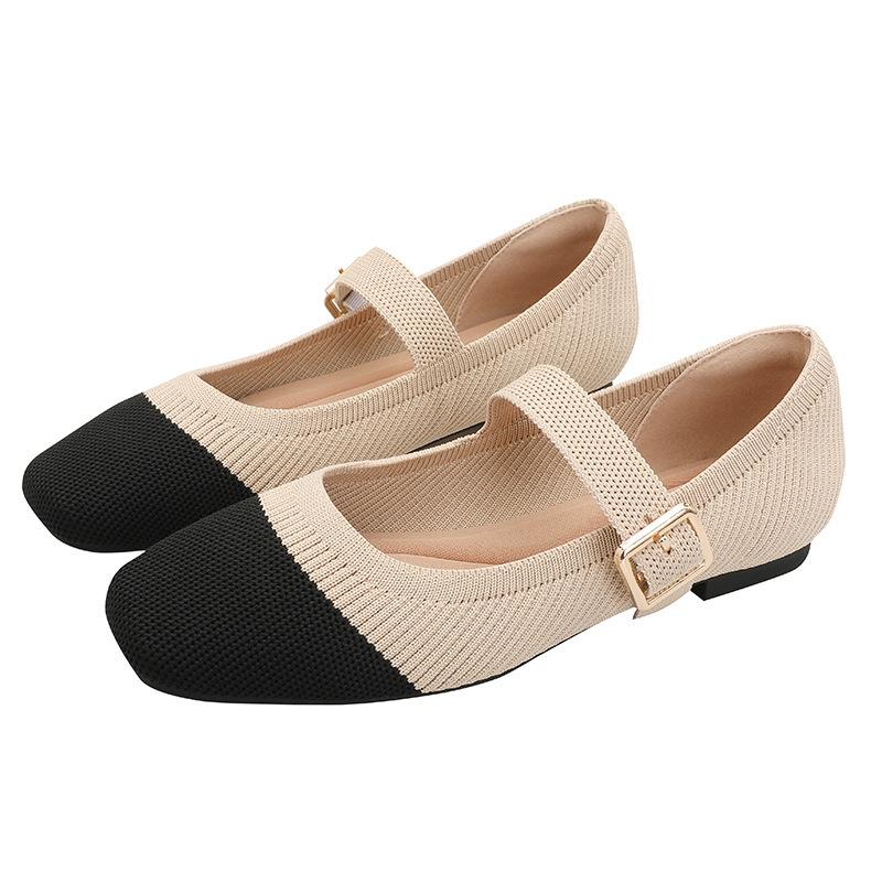 Spring and Autumn Flying Knitting One-word Buckle Belt Mary Jane Shoes Women's Knitting Square Head Flat Bottom Single Shoes Shallow Mouth Casual