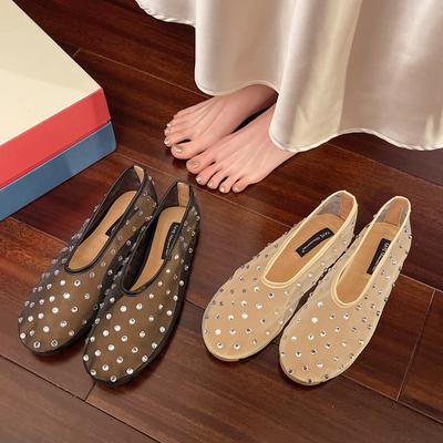 Mesh Rhinestone Mary Jane Single Shoes Women's Spring and Summer New Shallow Mouth Versatile Ballet Shoes Fashionable Large Size Sandals