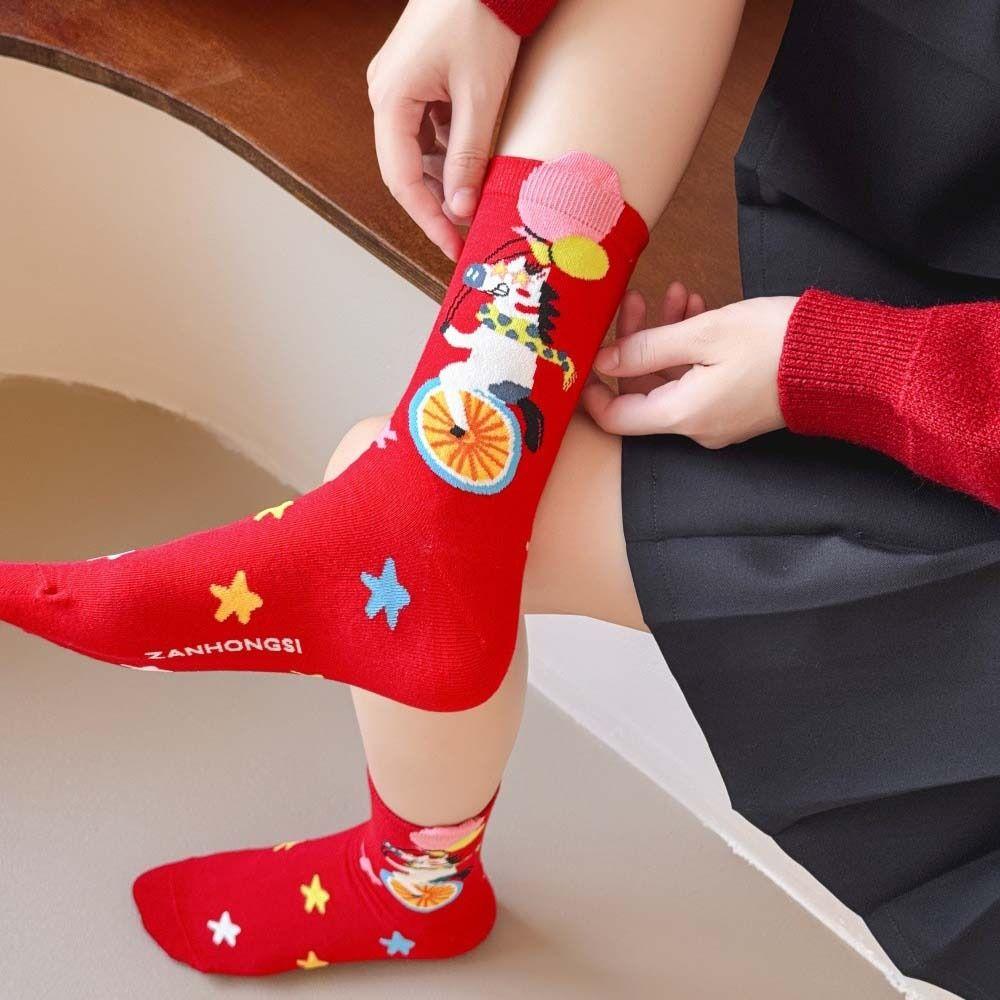 4Pairs Blessing Words Zodiac Horse Socks Cotton Winter Red Socks Creative New Year Red Socks  Gifts