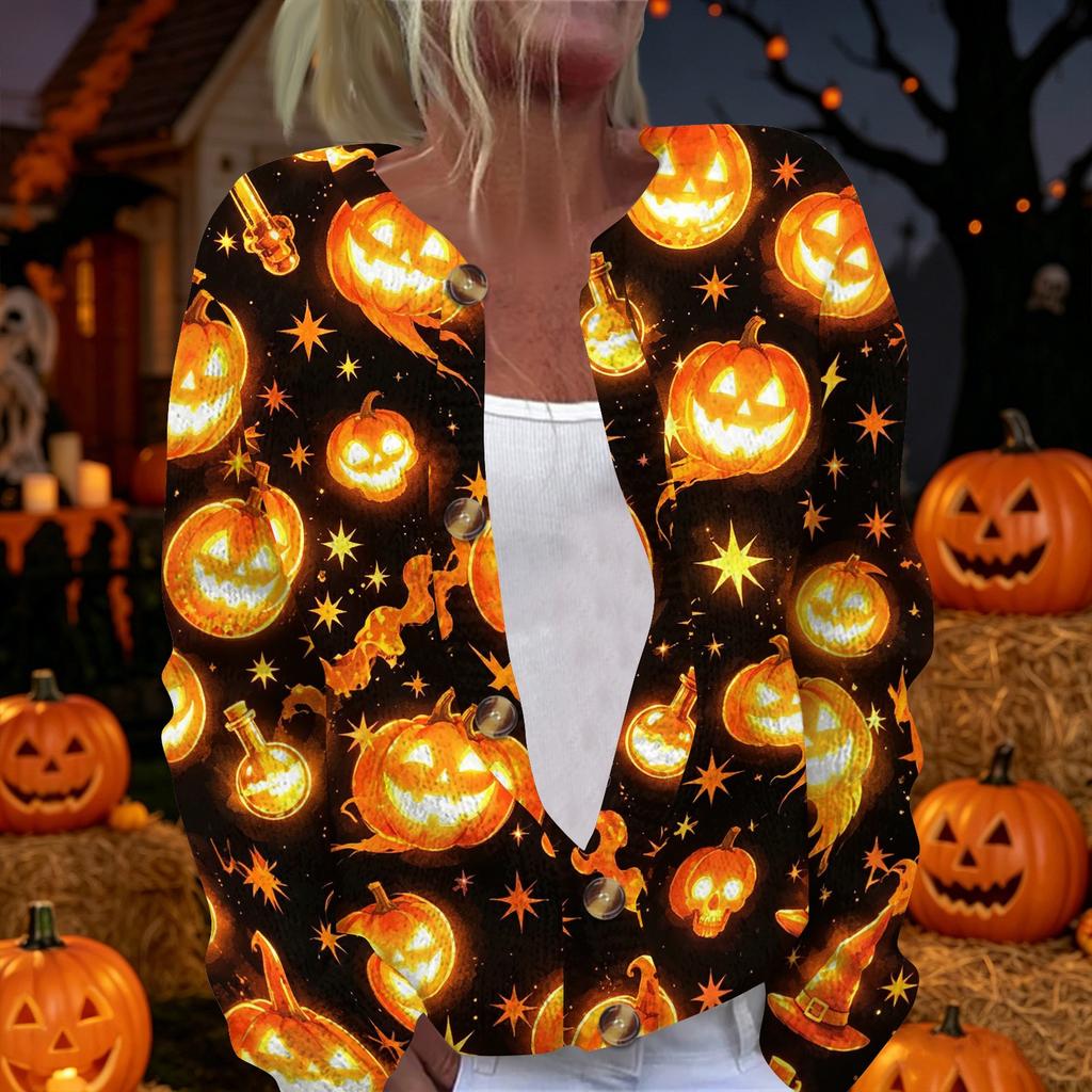 Women's Long Sleeve Knit Cardigan Button Up Sweater Halloween Print Lightweight Casual Outerwear for Autumn and Winter