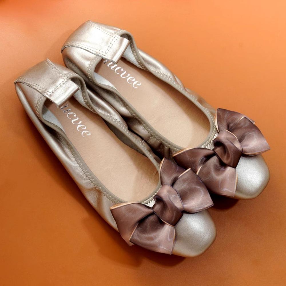 2024 Summer Genuine Leather Bowknot Ballerina Women's Flat Round Toe Comfort Slip-On Ladies Loafers Leather Single Mules Shoes