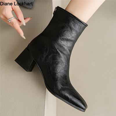 Fashion 2025 Autumn PU Leather Women Ankle Boots Back Zipper Close Modern Boots Thick High Heels Shoes Woman Boats Botines Mujer 32-43