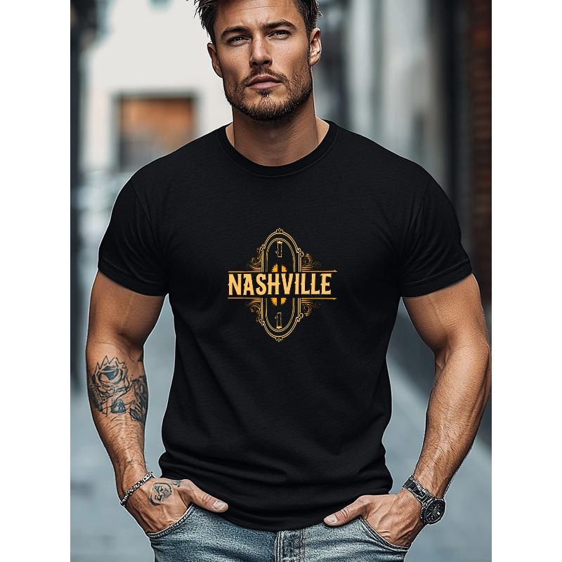 Herren-T-Shirt in Übergröße, Locker und Lässig, Einfach und Schlicht, Mit einem Nashville-Design für die Sommerfreizeit, Mit kurzem Rundhalsausschnitt, Übergröße