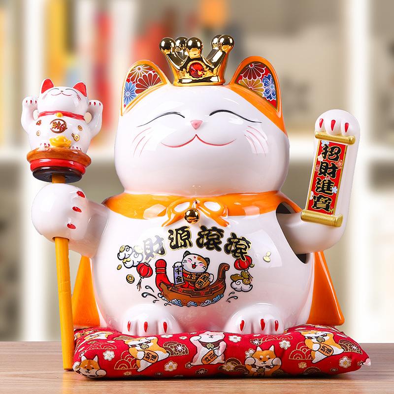 9,5 Zoll Keramik Winkende Katze Maneki Neko Ornament Feng Shui Dekoration Schaukel Glückskatze Batteriebetriebenes Geschäftsgeschenk