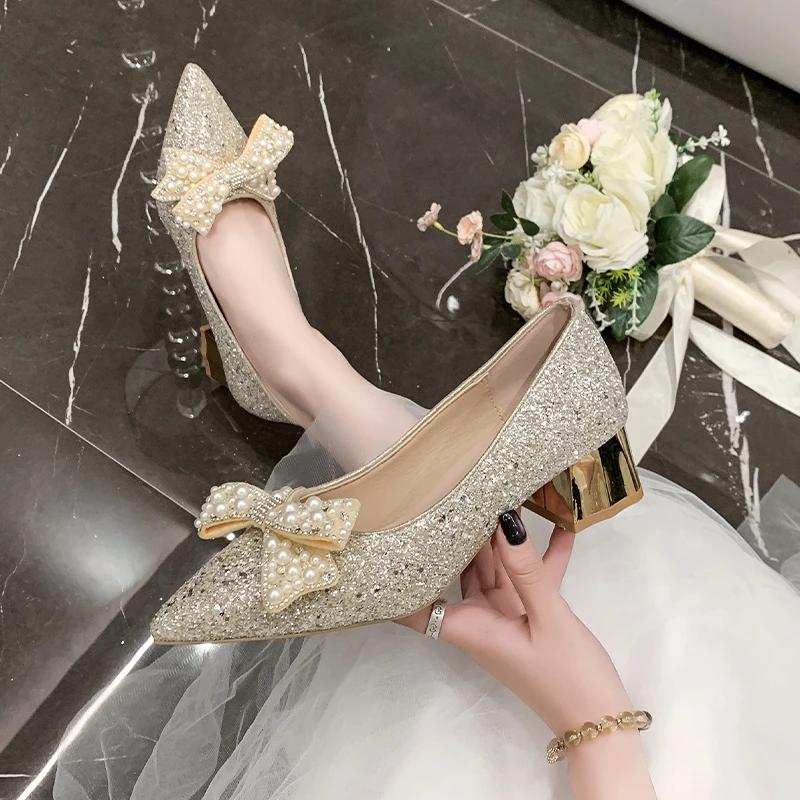 Fashion Women's Fashion Chunky Shoes Spring New Pointy Shallow Mouth Butterfly Knot Sequin Non-slip Low-top Shoes