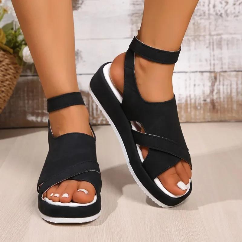 Fashion Shoes for Women 2024 Hot Sale Ankle Strap Women's Sandals Summer Open Toe Solid Outdoor Platform Casual Plus Size Sandals
