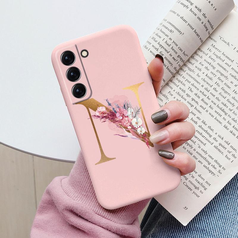 For Samsung Galaxy S22 S 22 Plus Case Flower Gold Letter A Z Soft Silicone Phone Cover For Samsung S22 Ultra Bumper S22+ Shell