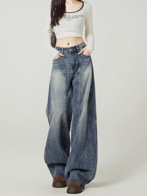 

American Retro Blue High-Waisted Wide-Leg Jeans - Women s Trendy Loose Summer Style M