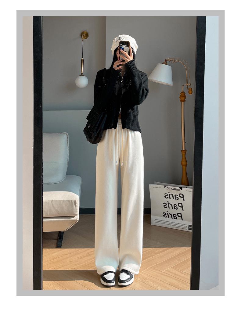 Women's High-Waist Fleece-Lined Wide-Leg Pants - Soft, Knitted, Loose-Fit for Autumn/Winter.